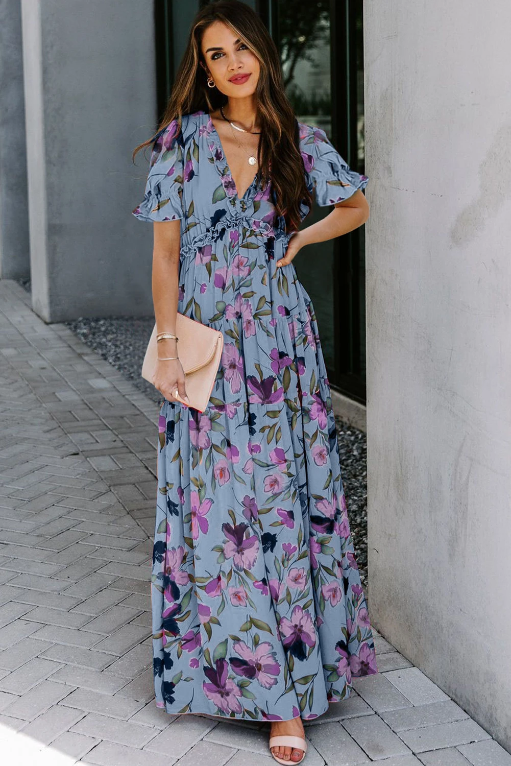 Wild Lotus Maxi Φλοράλ Φόρεμα Mε Βολάν & V Λαιμόκοψη Blue – 5611
