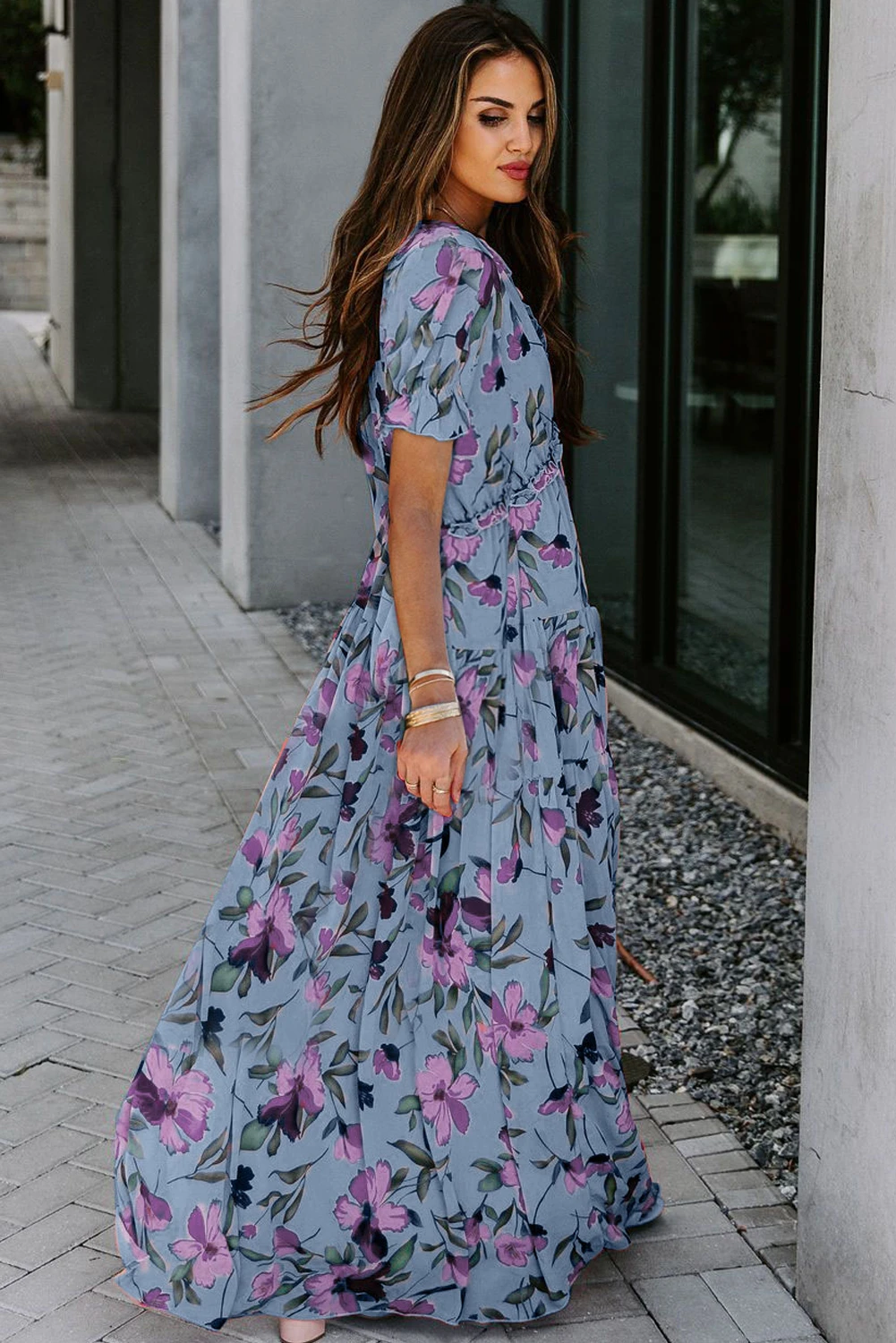 Wild Lotus Maxi Φλοράλ Φόρεμα Mε Βολάν & V Λαιμόκοψη Blue – 5611