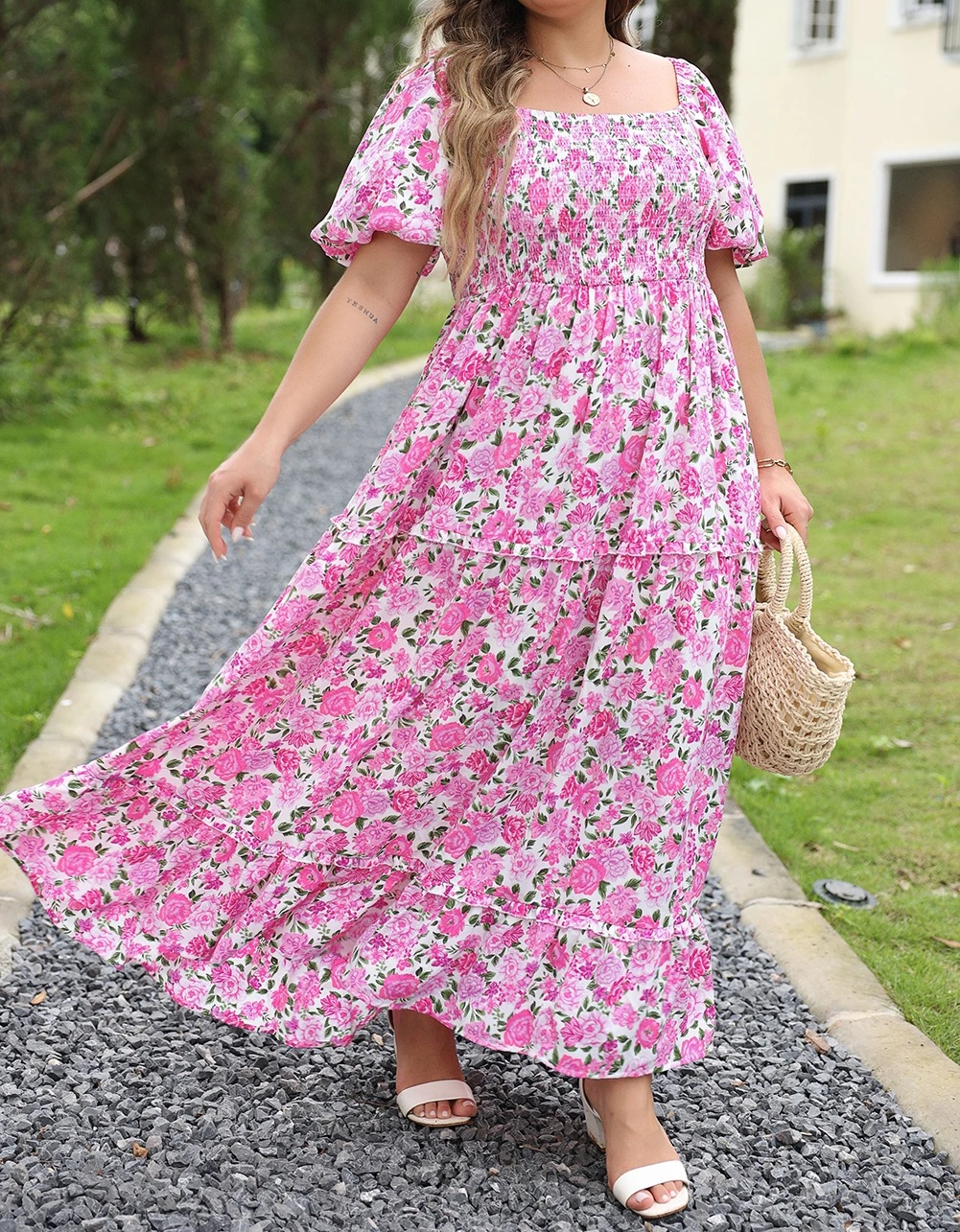 Plus Size Μακρύ Φλοράλ Maxi Φόρεμα Ροζ Με Κοντό Μανίκι – 5614