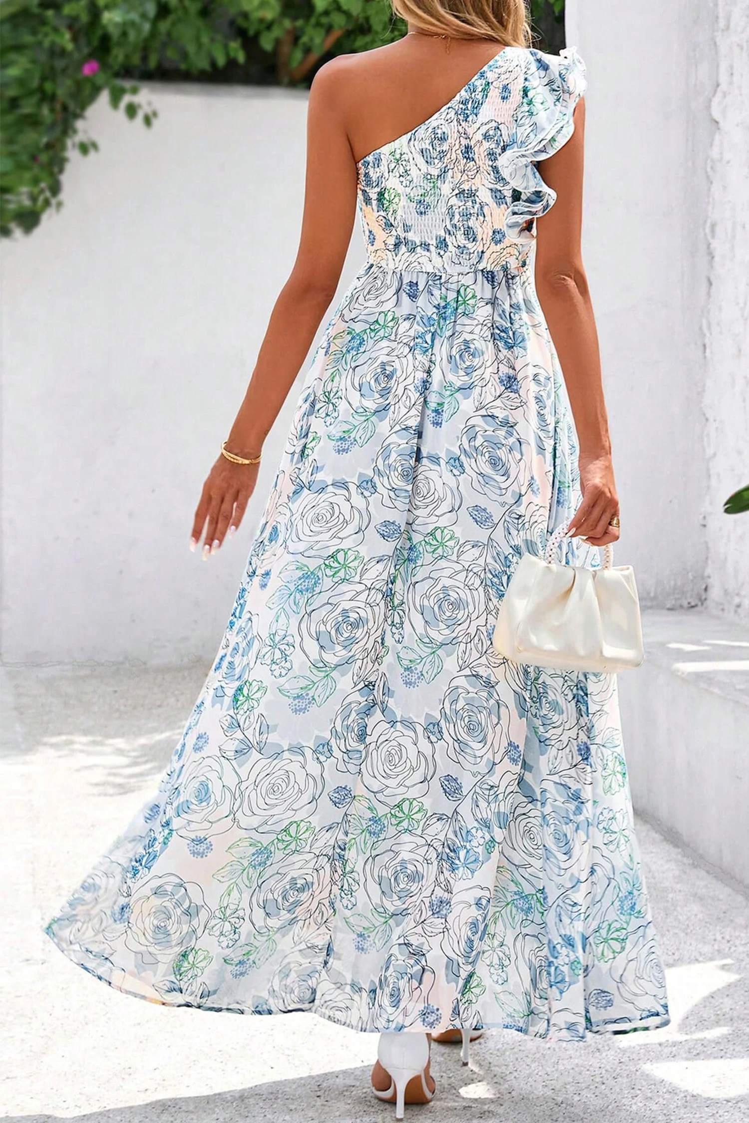 Maxi Floral Φόρεμα One Shoulder Με Βολάν – Elegant Καλοκαιρινό Φόρεμα Γυναικείο – 3963