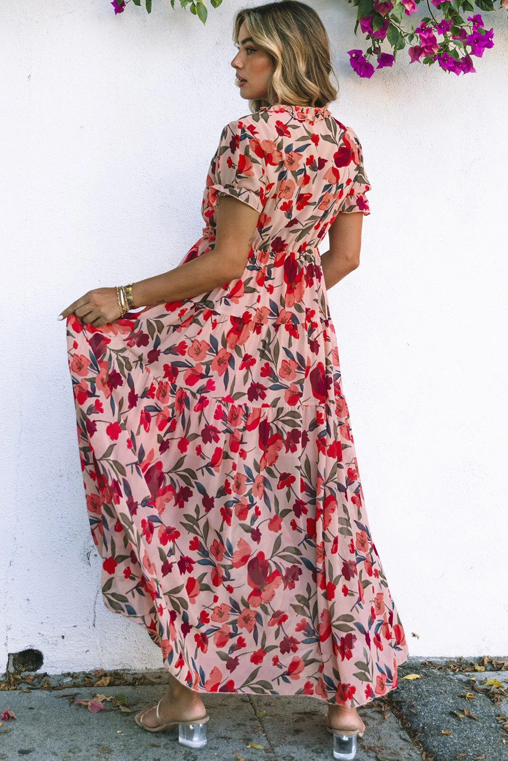 Wild Lotus Maxi Φλοράλ Φόρεμα Mε Βολάν & V Λαιμόκοψη Pink – 5596