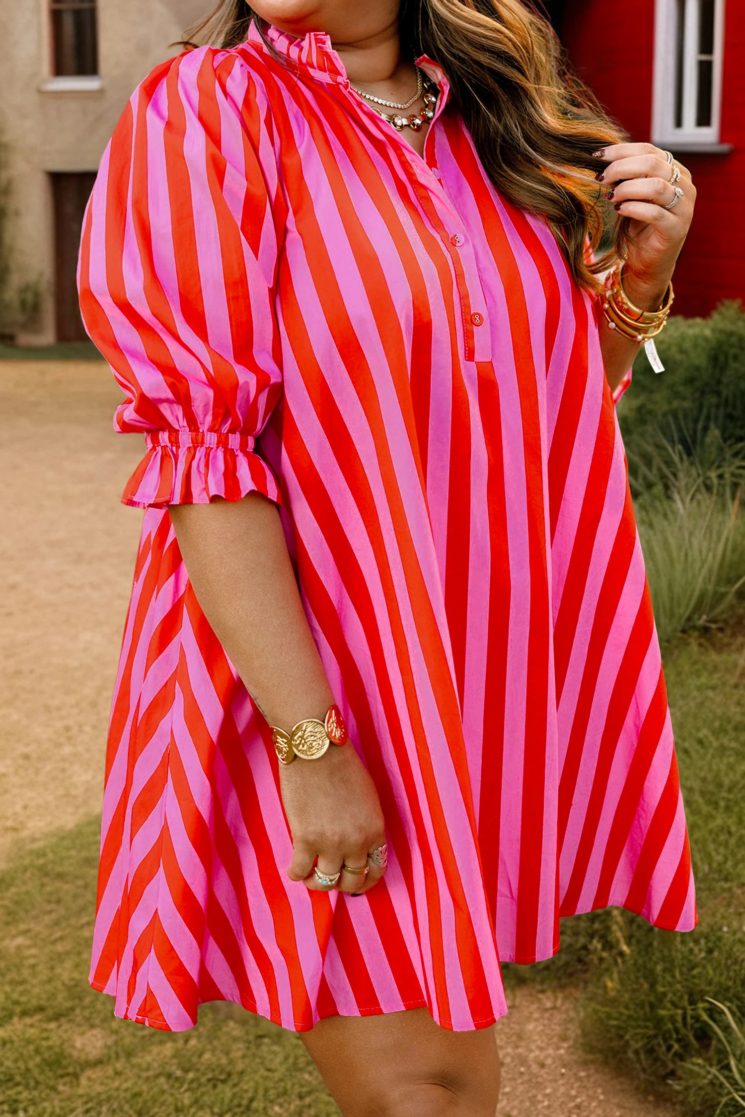 Γυναικείο Ριγέ Mini Φόρεμα Σε Φούξια & Κόκκινο | Plus Size Oversized Shirt Dress – 3980