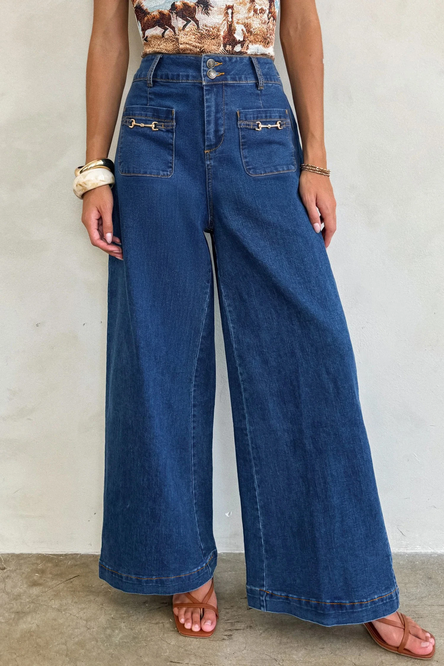 Τζιν Παντελόνα Ψηλόμεση – Wide Leg Denim Mε Tσέπες & Λεπτομέρειες - 4914