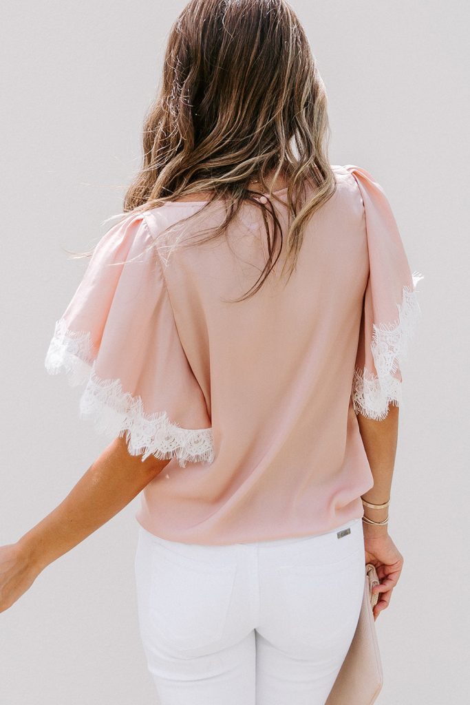 Pink Satin Lace Flutter Sleeve Top