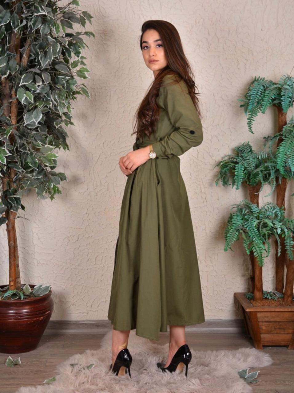 Button Front Midi Dress in Green