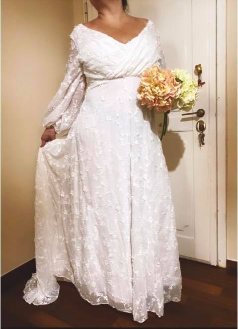 White Bishop Sleeves  Lace Wedding Dress