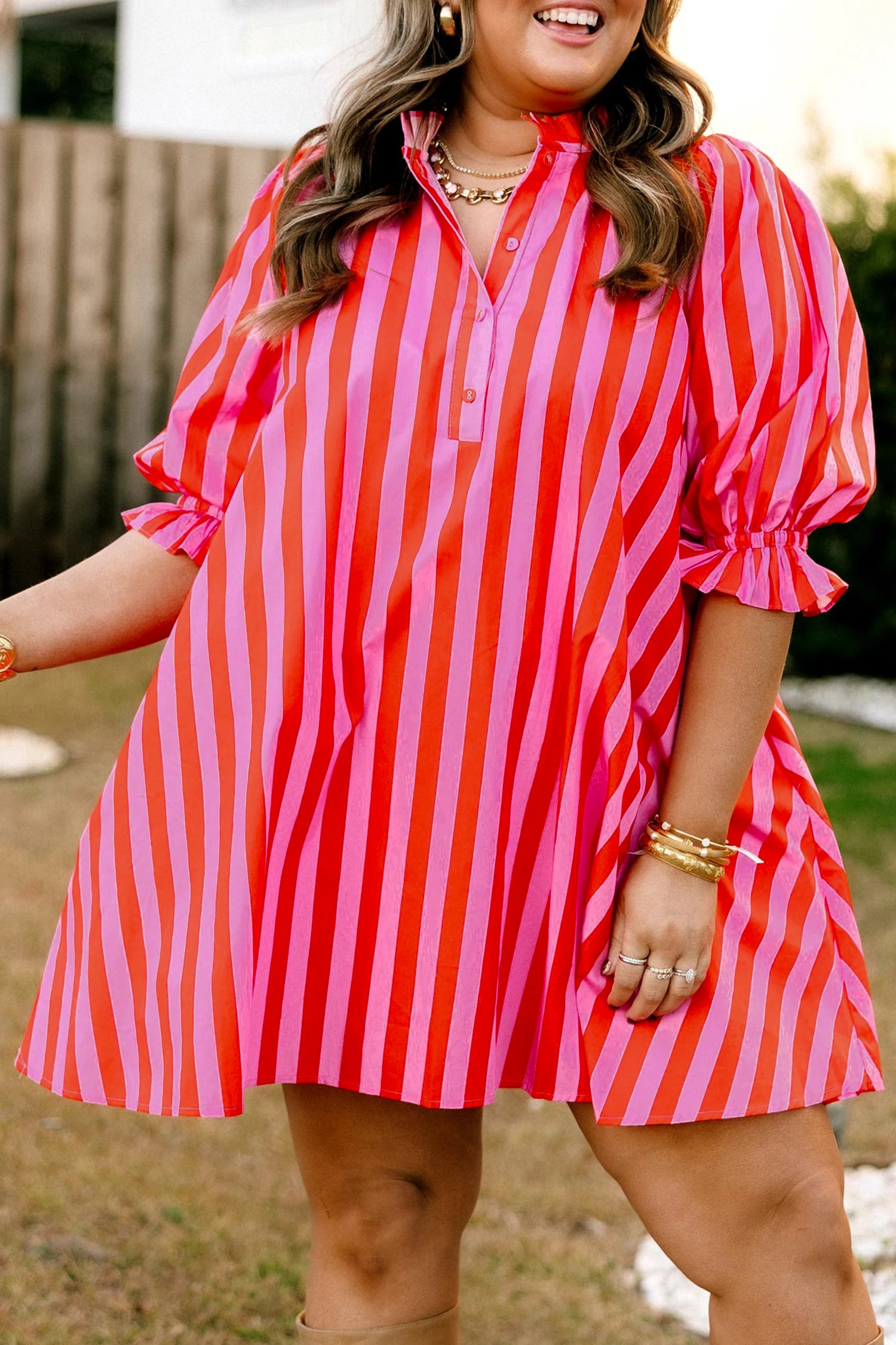 Γυναικείο Ριγέ Mini Φόρεμα Σε Φούξια & Κόκκινο | Plus Size Oversized Shirt Dress – 3980