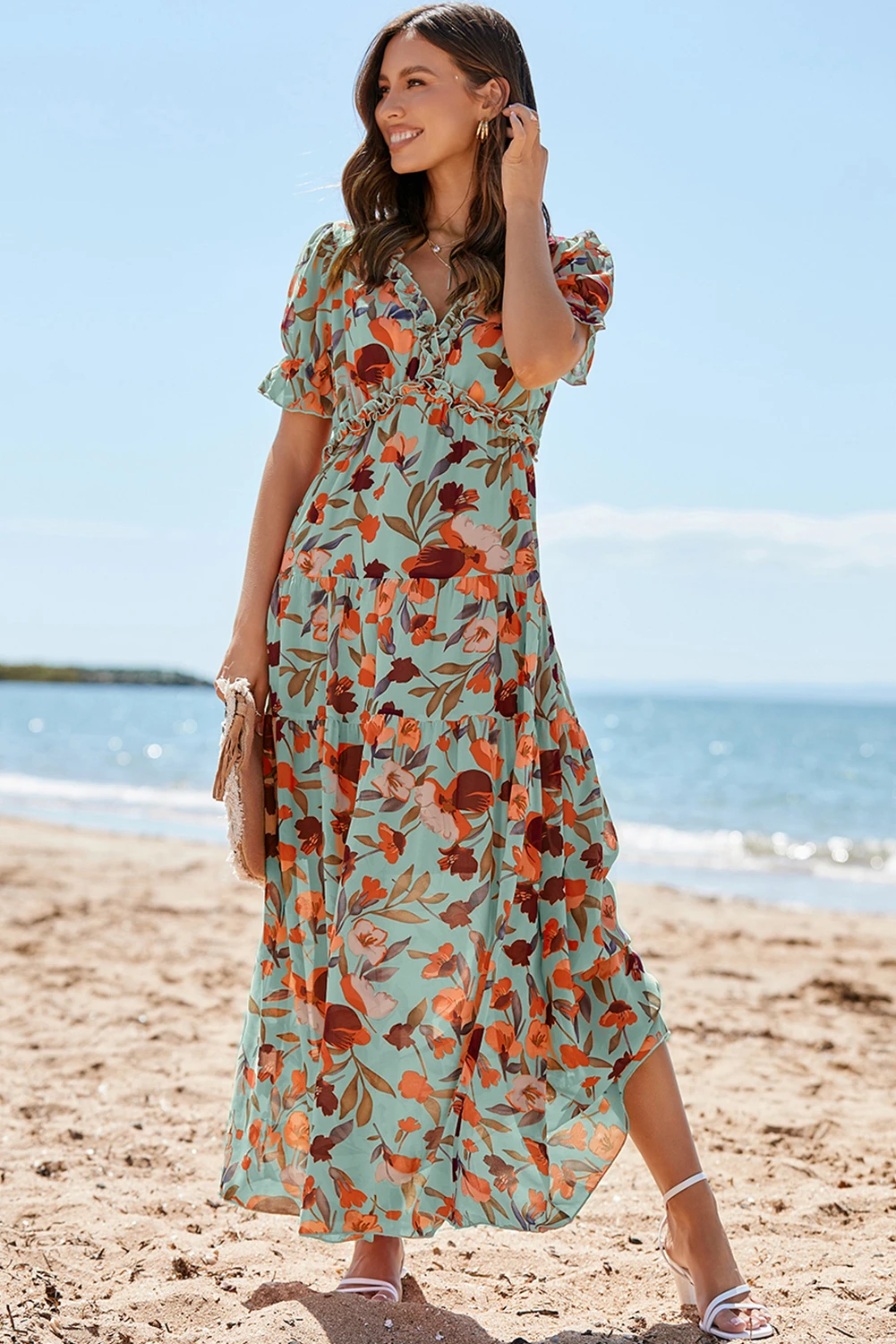 Wild Lotus Maxi Φλοράλ Φόρεμα Mε Βολάν & V Λαιμόκοψη Green – 5610