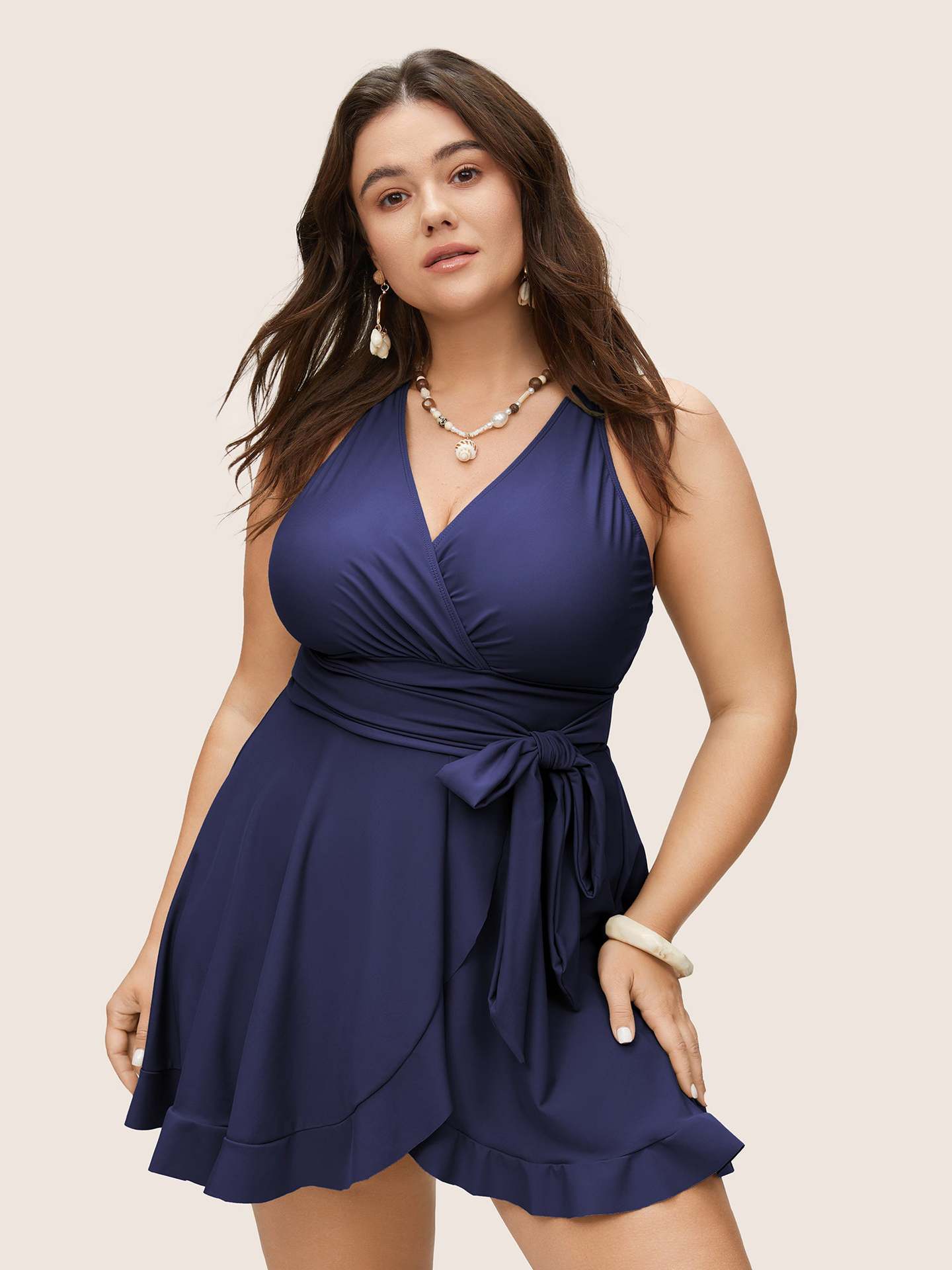 Γυναικείο Ολόσωμο Μαγιό Φόρεμα Plus Size Με Κρουαζέ Δέσιμο & Βολάν – 4 Χρώματα - 3943