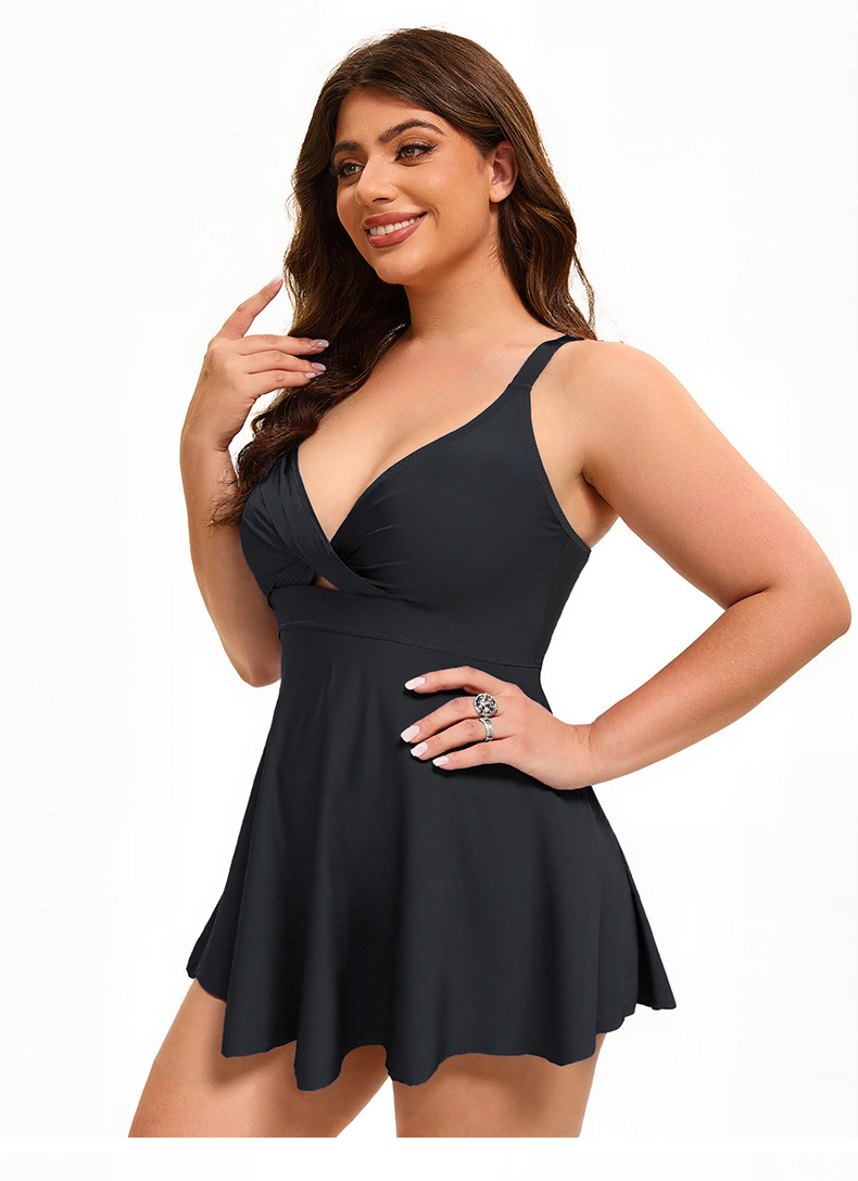 Plus Size Μαγιό Φόρεμα Μαύρο Με Σταυρωτό Ντεκολτέ | Shaping Swim Dress - 3987