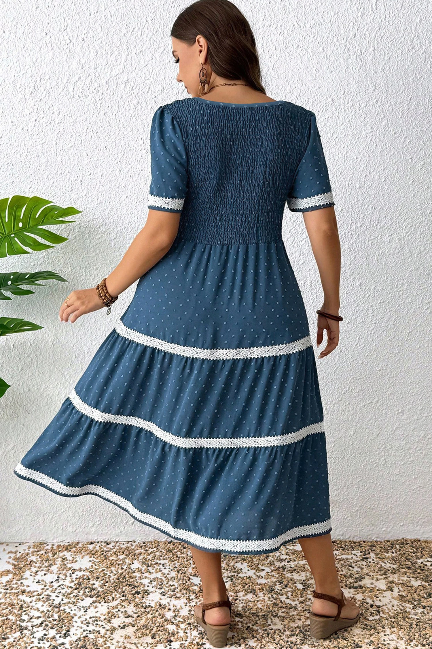 Plus Size Midi Φόρεμα Boho Με Σφηκοφωλιά & Δαντελένιες Λεπτομέρειες – Μπλε Καλοκαιρινό Φόρεμα– 3948