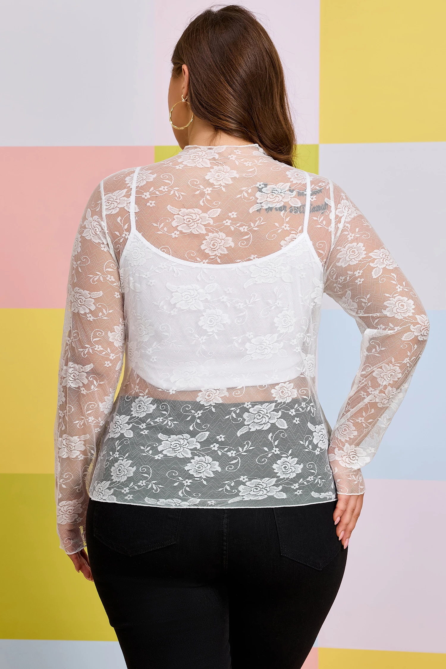Plus Δαντελένια Μπλούζα Λευκή Διαφανής – Elegant Lace Top Με Μακρύ Μανίκι- 3942
