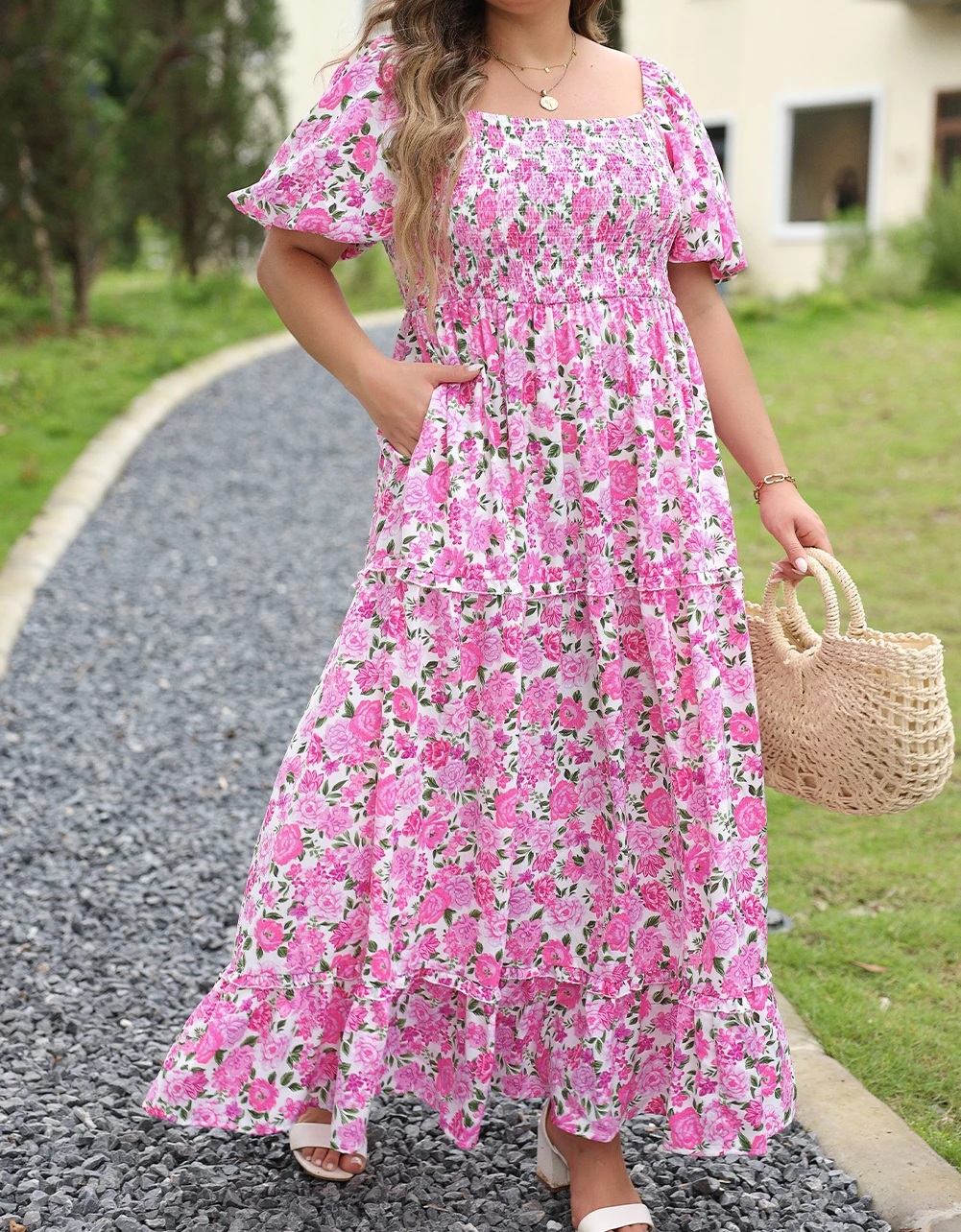 Plus Size Μακρύ Φλοράλ Maxi Φόρεμα Ροζ Με Κοντό Μανίκι – 5614