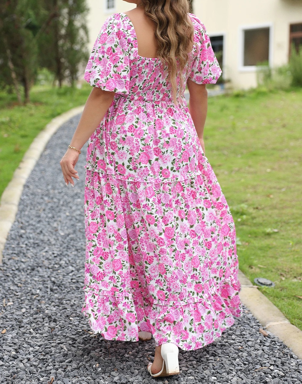 Plus Size Μακρύ Φλοράλ Maxi Φόρεμα Ροζ Με Κοντό Μανίκι – 5614