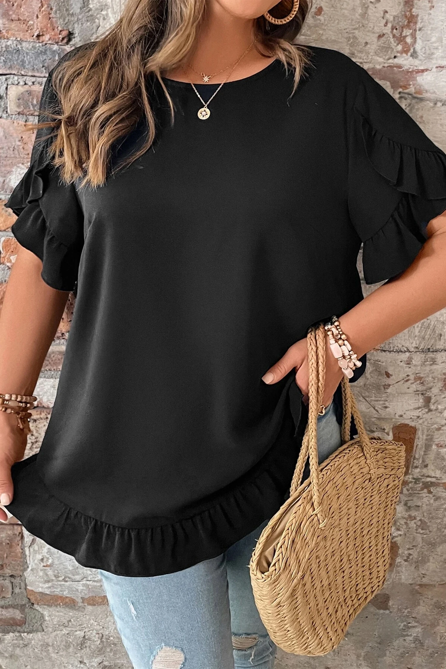 Plus Μπλούζα Μαύρη Oversized Με Βολάν – Αέρινο Τοπ Με Κοντό Μανίκι- 4917