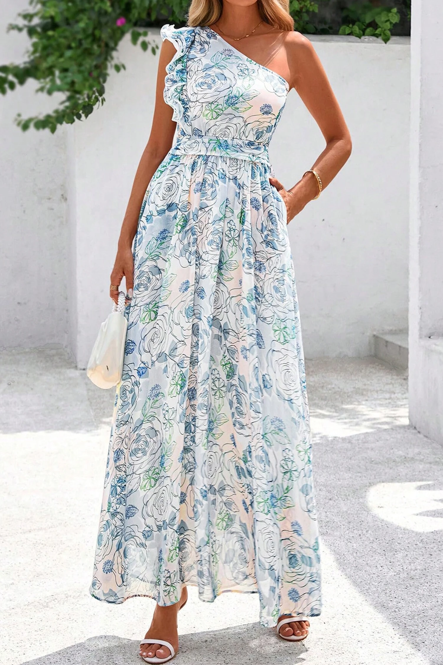 Maxi Floral Φόρεμα One Shoulder Με Βολάν – Elegant Καλοκαιρινό Φόρεμα Γυναικείο – 3963