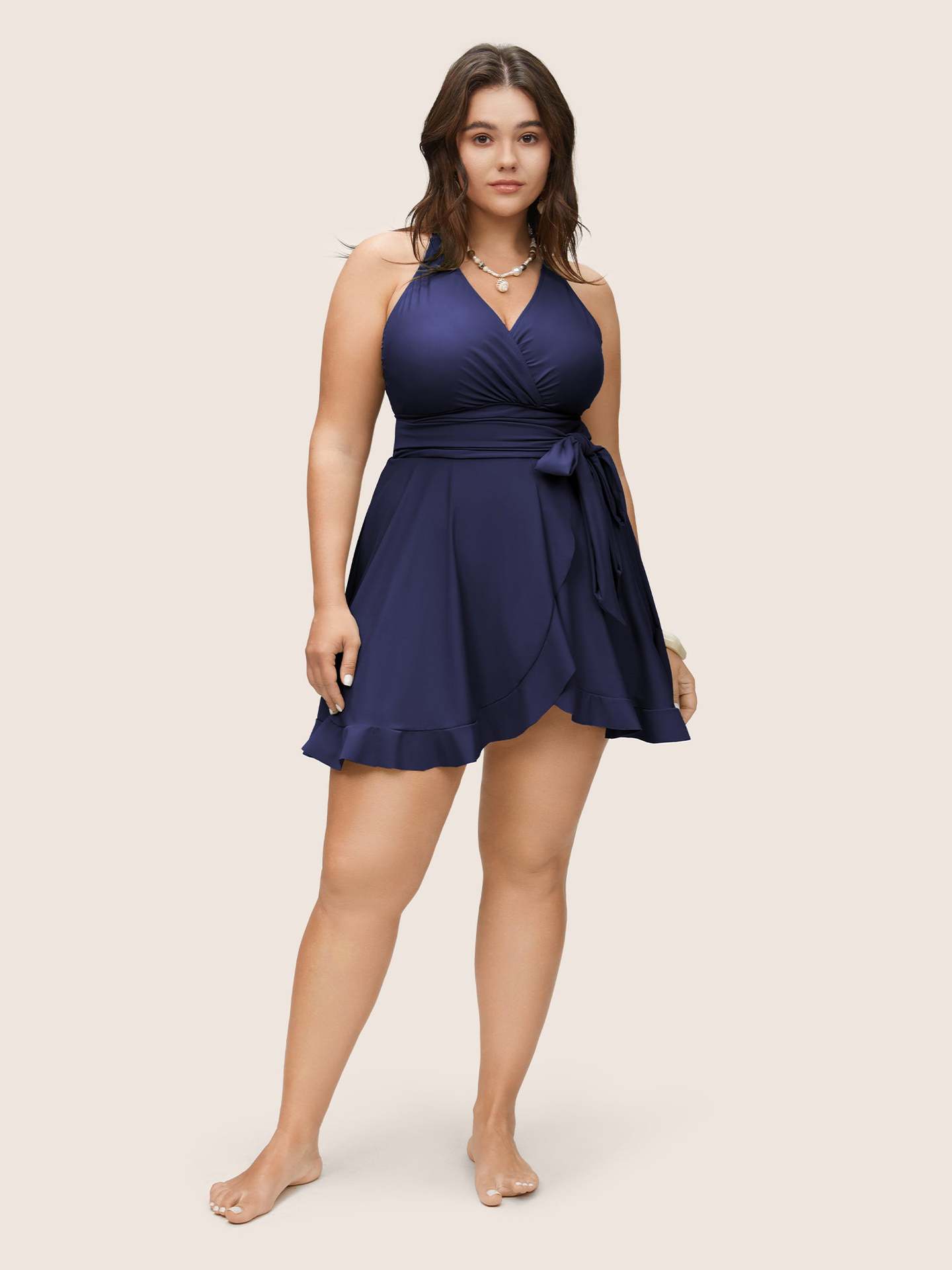 Γυναικείο Ολόσωμο Μαγιό Φόρεμα Plus Size Με Κρουαζέ Δέσιμο & Βολάν – 4 Χρώματα - 3943