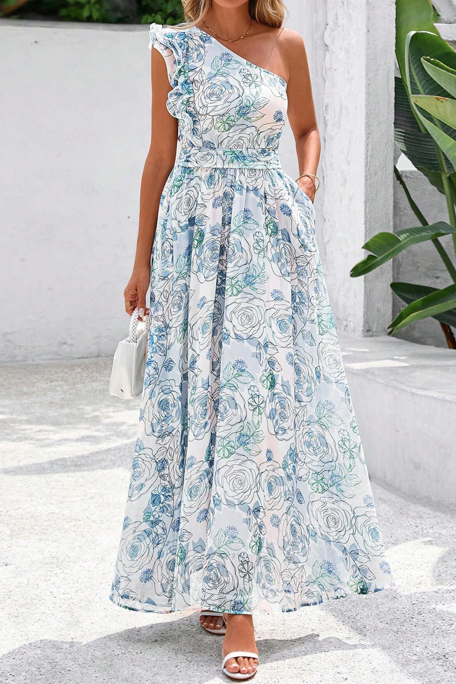 Maxi Floral Φόρεμα One Shoulder Με Βολάν – Elegant Καλοκαιρινό Φόρεμα Γυναικείο – 3963