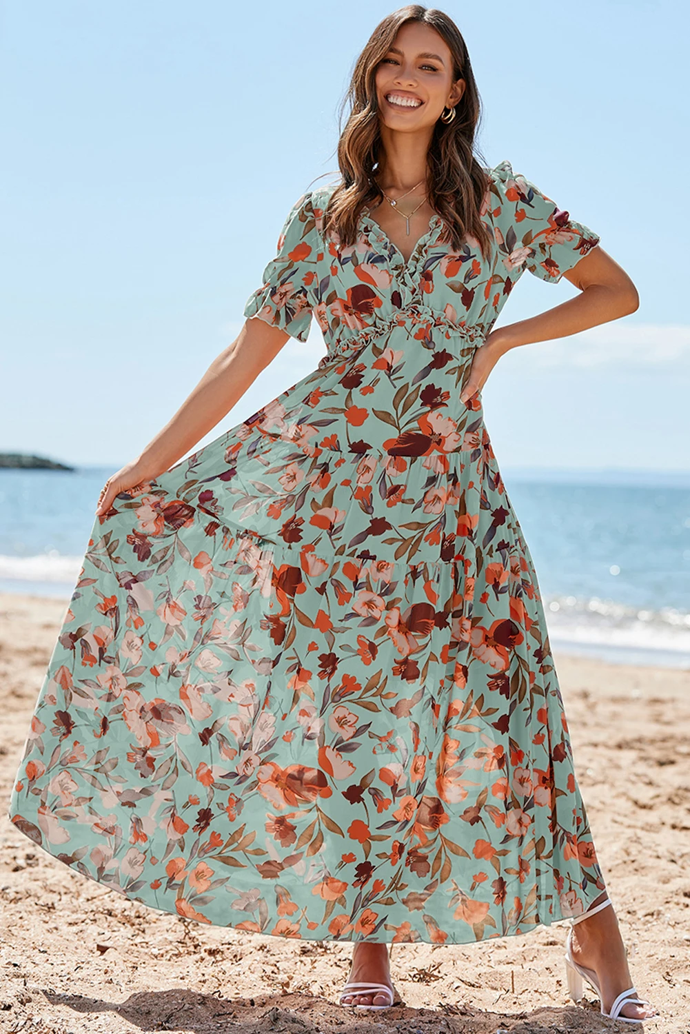 Wild Lotus Maxi Φλοράλ Φόρεμα Mε Βολάν & V Λαιμόκοψη Green – 5610