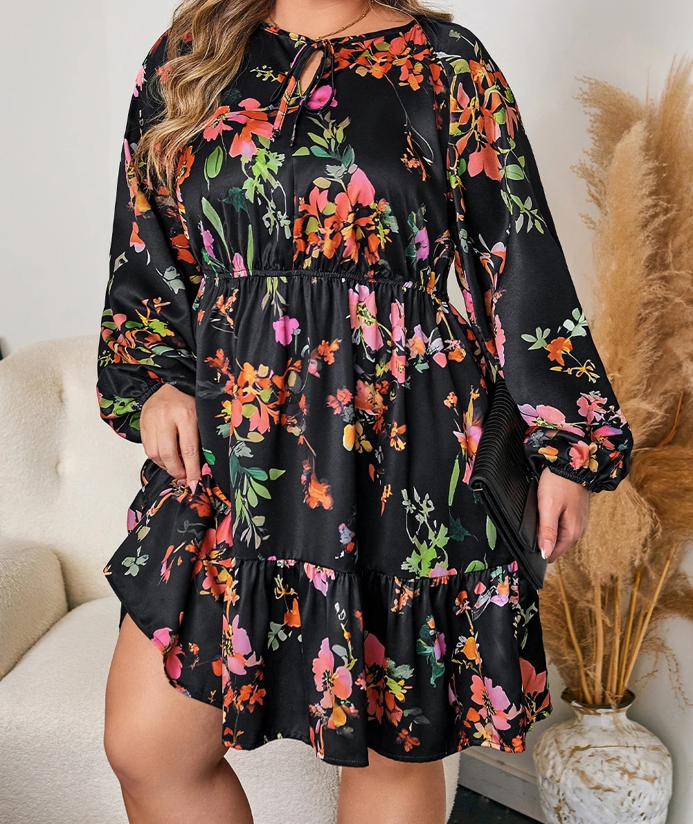 Plus Size Boho Φόρεμα Με Μακριά Μανίκια και Βολάν – 5597