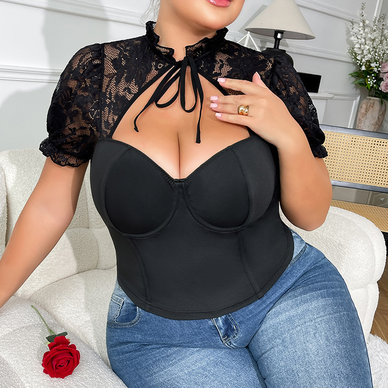 Plus Μαύρο Corset Top Με Δαντελένιο Μπολερό & Δέσιμο Στο Λαιμό - 3918