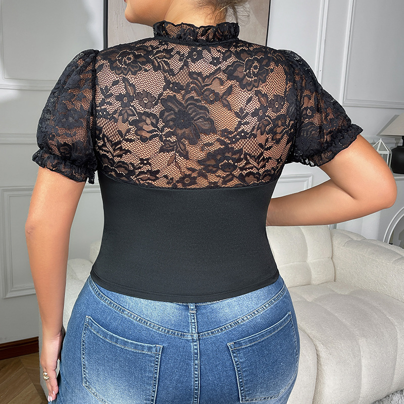 Plus Μαύρο Corset Top Με Δαντελένιο Μπολερό & Δέσιμο Στο Λαιμό - 3918