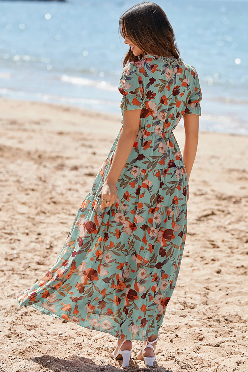Wild Lotus Maxi Φλοράλ Φόρεμα Mε Βολάν & V Λαιμόκοψη Green – 5610