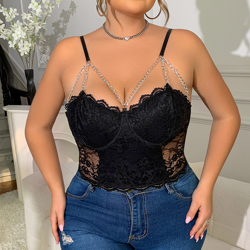 Plus Μαύρο Δαντελένιο Corset Top Με Αλυσίδες & Ρυθμιζόμενες Τιράντες - 3917