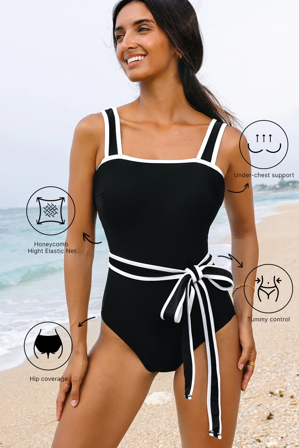 Μαύρο Ολόσωμο Μαγιό Με Ζώνη & Tummy Control – Γυναικείο Slimming Μαγιό Με Στήριξη Στήθους - 3968