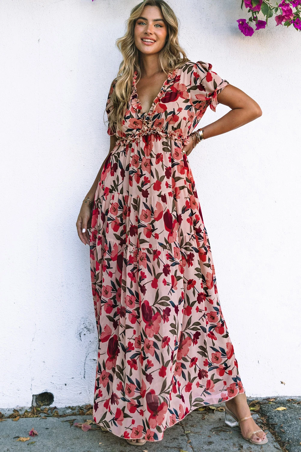 Wild Lotus Maxi Φλοράλ Φόρεμα Mε Βολάν & V Λαιμόκοψη Pink – 5596
