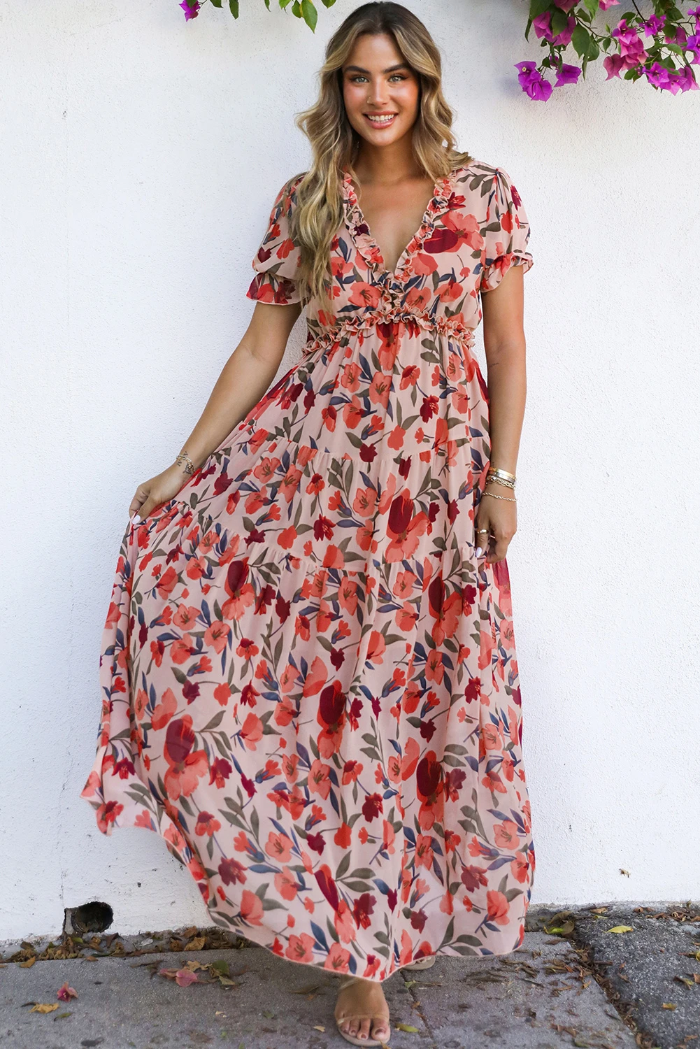 Wild Lotus Maxi Φλοράλ Φόρεμα Mε Βολάν & V Λαιμόκοψη Pink – 5596