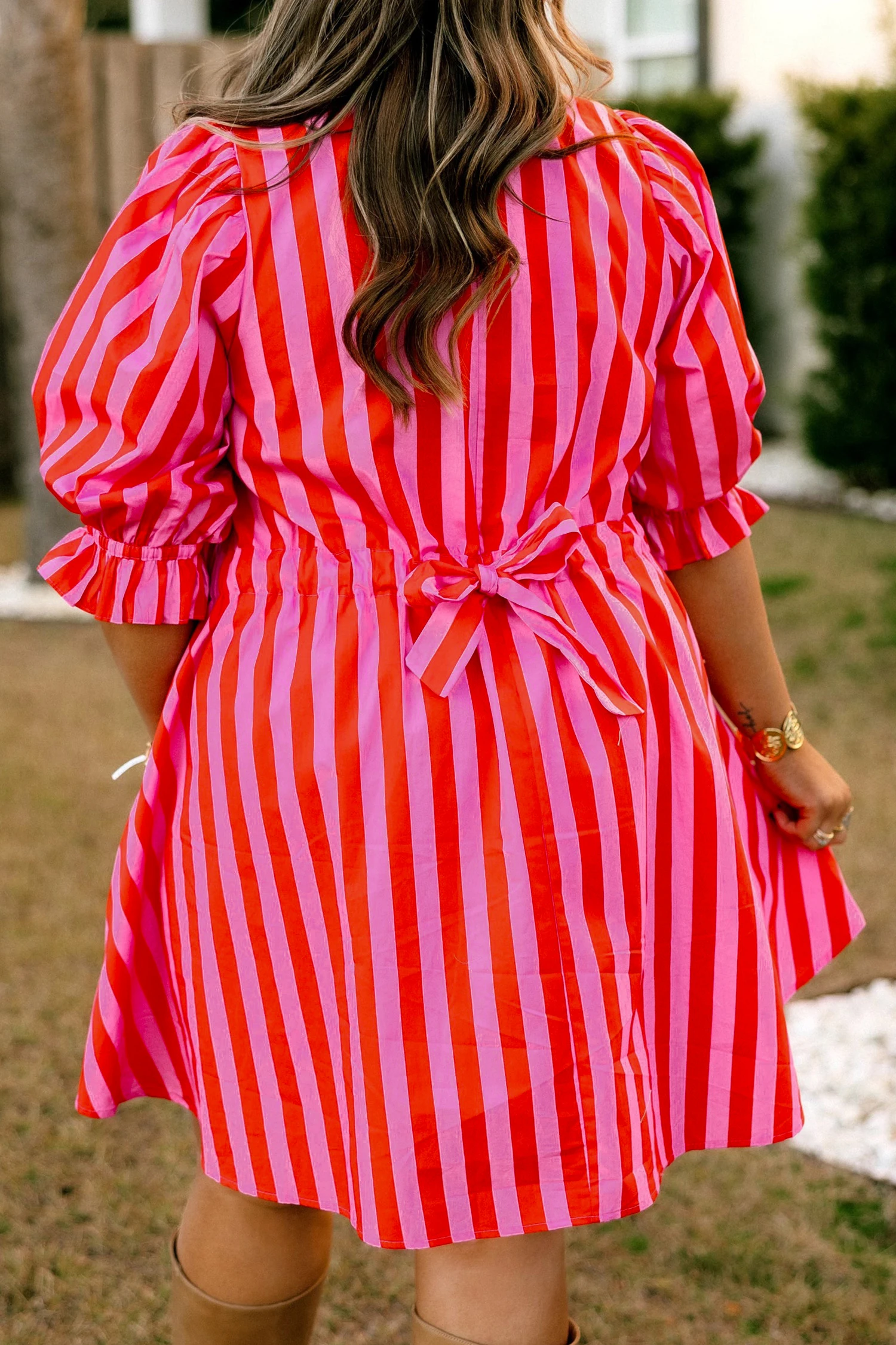 Γυναικείο Ριγέ Mini Φόρεμα Σε Φούξια & Κόκκινο | Plus Size Oversized Shirt Dress – 3980