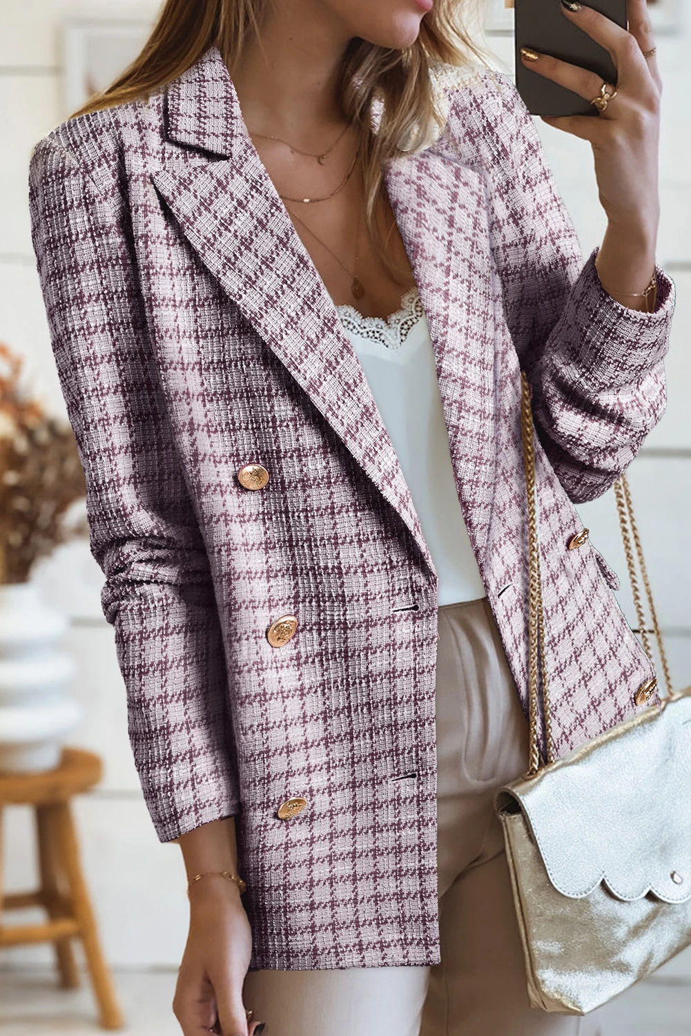 Γυναικείο Σακάκι Καρό Με Χρυσά Κουμπιά – Chic Blazer για Κάθε Περίσταση - 5620
