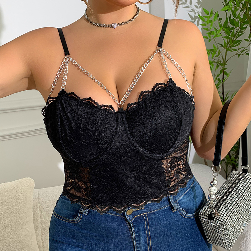 Plus Μαύρο Δαντελένιο Corset Top Με Αλυσίδες & Ρυθμιζόμενες Τιράντες - 3917