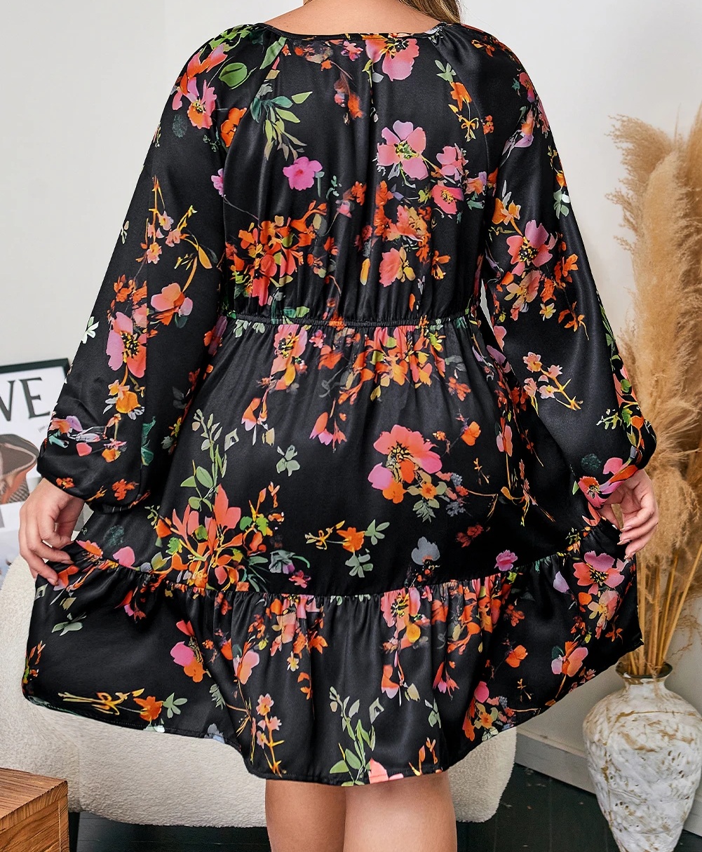 Plus Size Boho Φόρεμα Με Μακριά Μανίκια και Βολάν – 5597