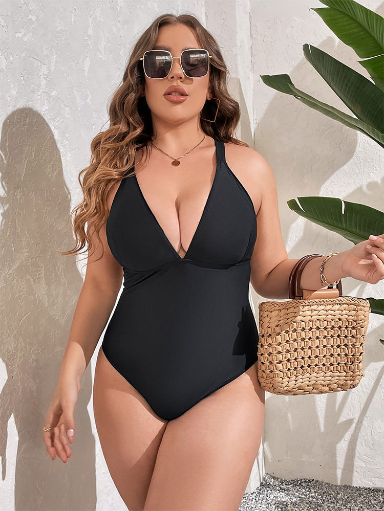 Ολόσωμο Μαγιό Plus Size Μαύρο Με Ανοιχτή Πλάτη & Ρυθμιζόμενες Τιράντες - 3928