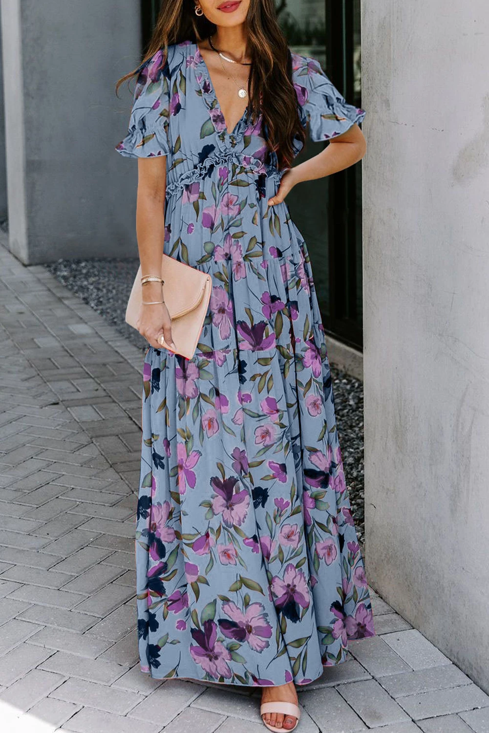 Wild Lotus Maxi Φλοράλ Φόρεμα Mε Βολάν & V Λαιμόκοψη Blue – 5611