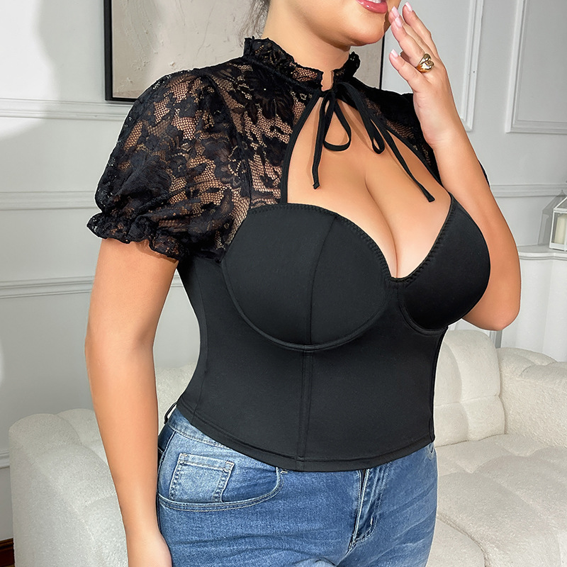 Plus Μαύρο Corset Top Με Δαντελένιο Μπολερό & Δέσιμο Στο Λαιμό - 3918