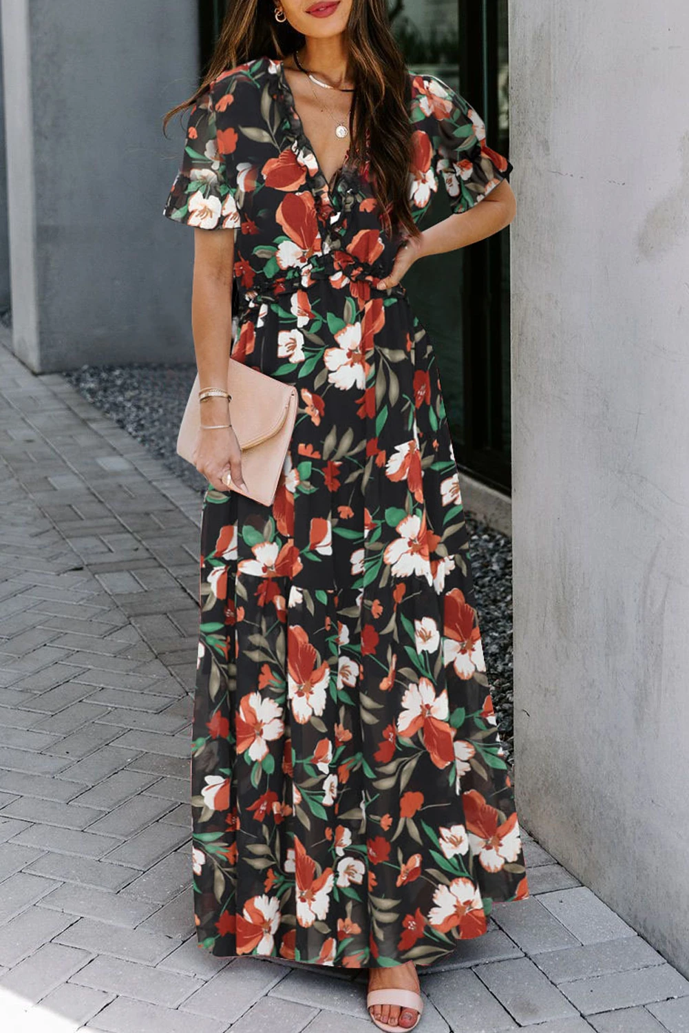 Wild Lotus Maxi Φλοράλ Φόρεμα Mε Βολάν & V Λαιμόκοψη – 5617