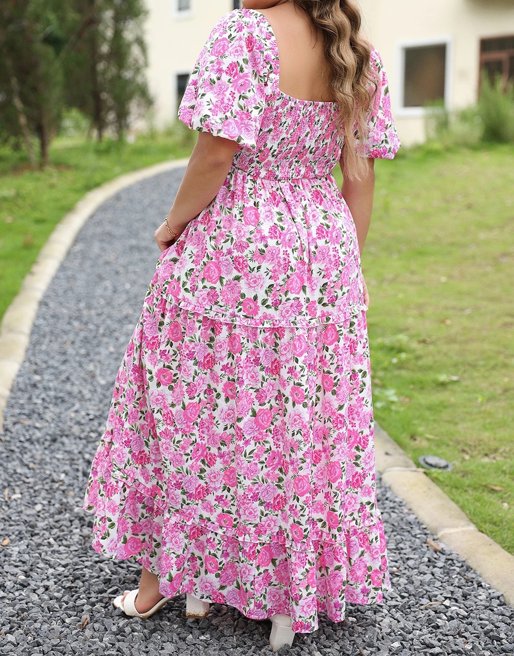 Plus Size Μακρύ Φλοράλ Maxi Φόρεμα Ροζ Με Κοντό Μανίκι – 5614