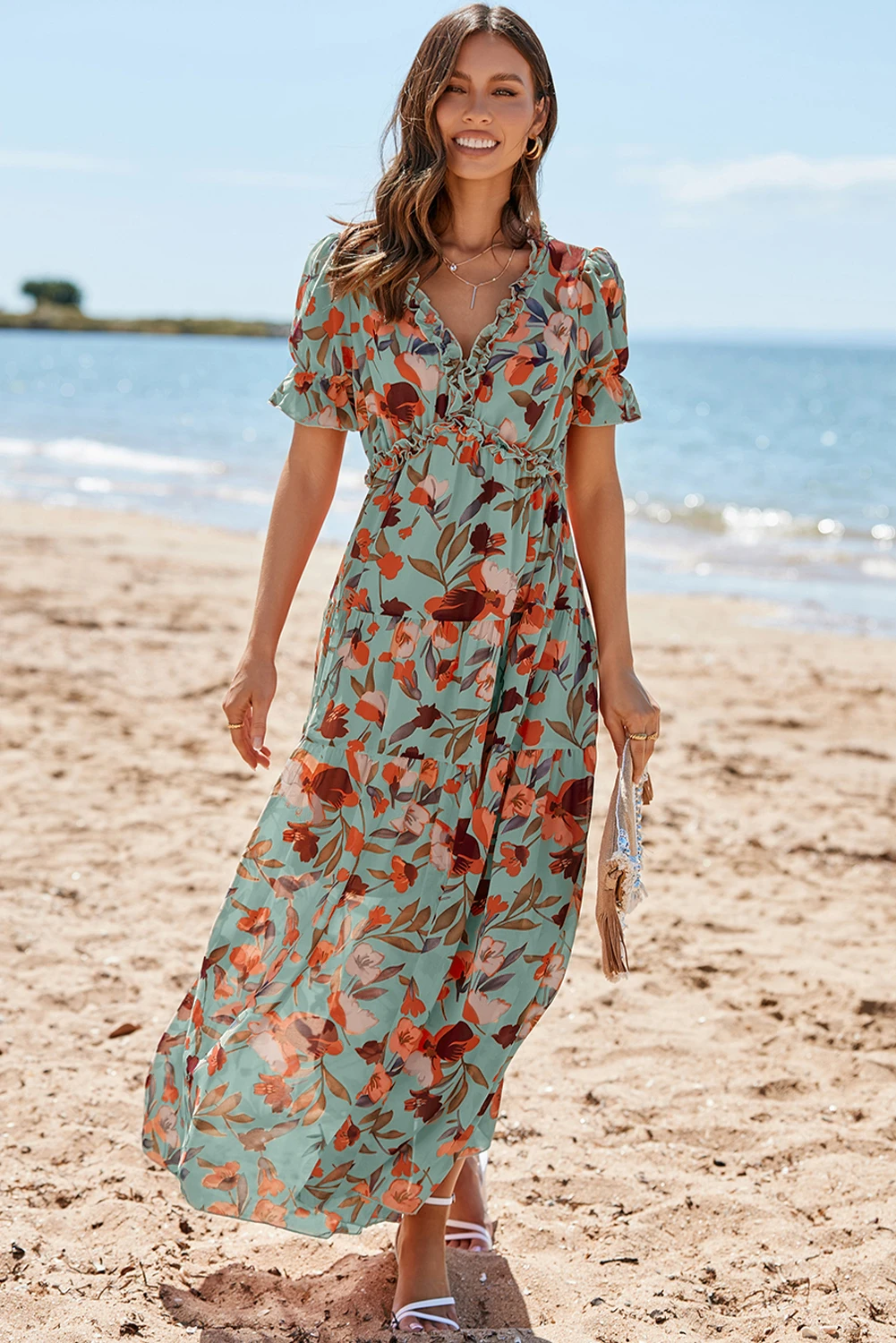 Wild Lotus Maxi Φλοράλ Φόρεμα Mε Βολάν & V Λαιμόκοψη Green – 5610