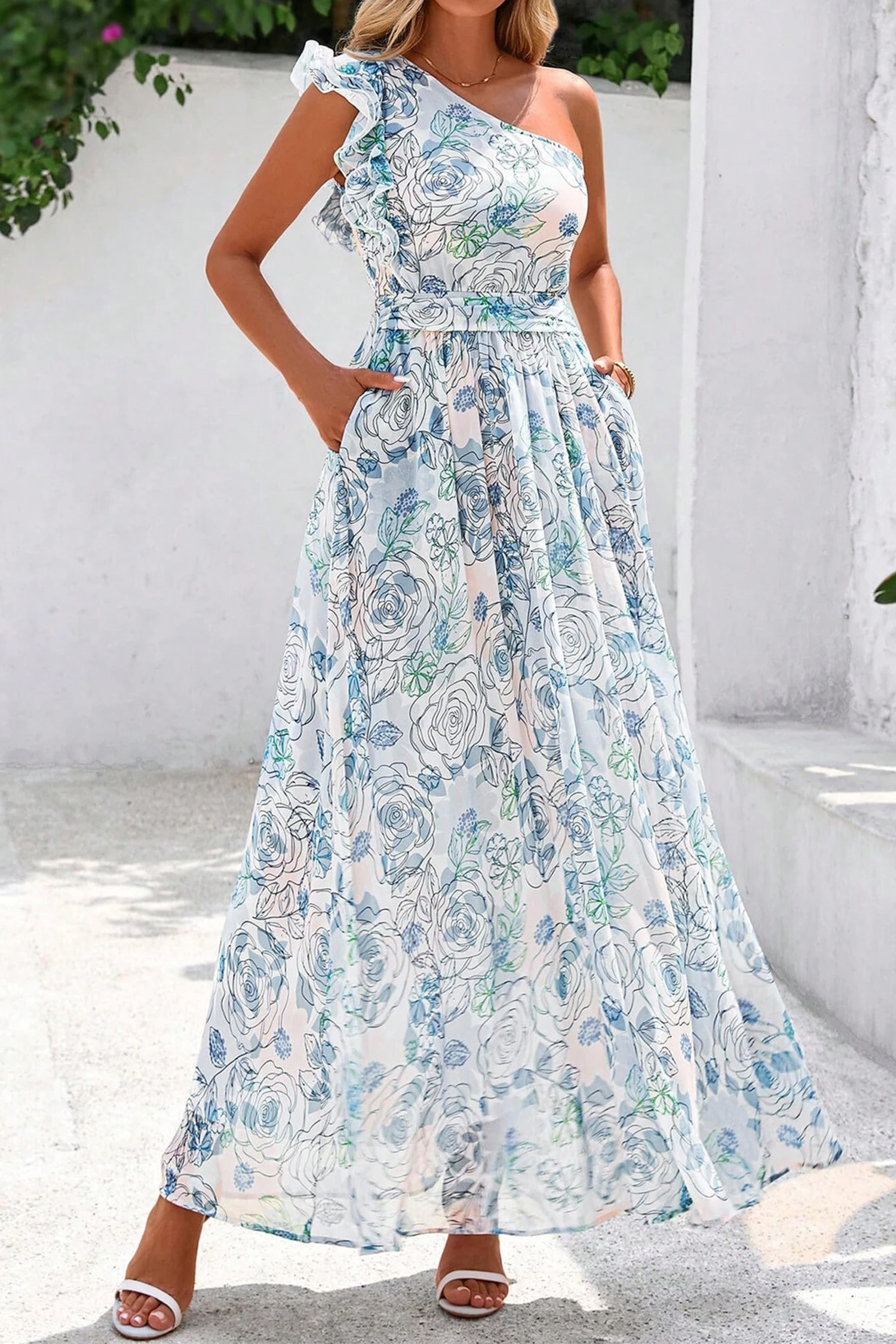 Maxi Floral Φόρεμα One Shoulder Με Βολάν – Elegant Καλοκαιρινό Φόρεμα Γυναικείο – 3963