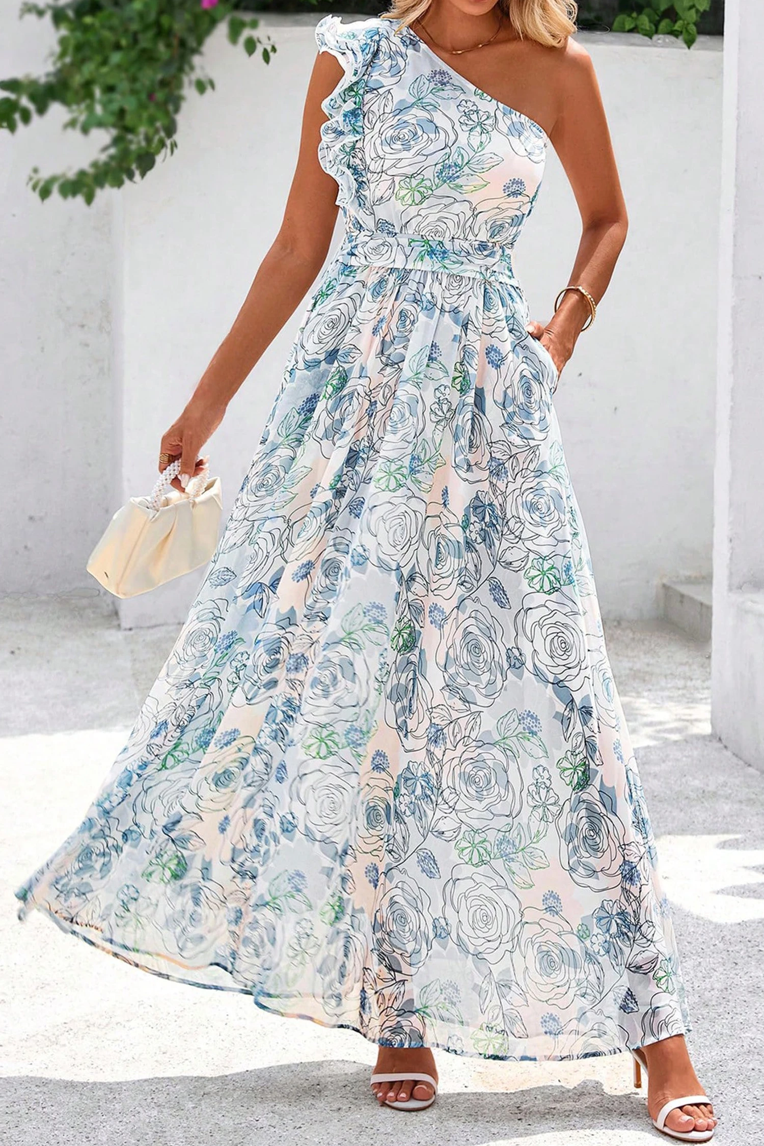 Maxi Floral Φόρεμα One Shoulder Με Βολάν – Elegant Καλοκαιρινό Φόρεμα Γυναικείο – 3963