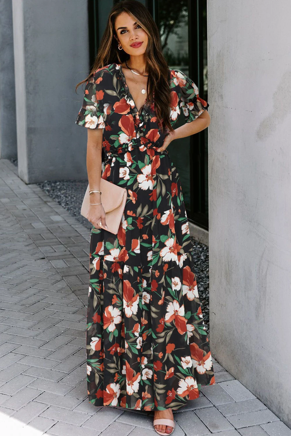 Wild Lotus Maxi Φλοράλ Φόρεμα Mε Βολάν & V Λαιμόκοψη – 5617