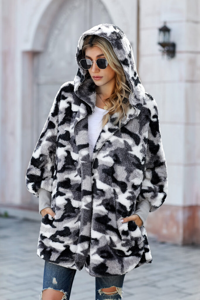 Gray Camo  Soft Fleece Hooded Open Front Coat