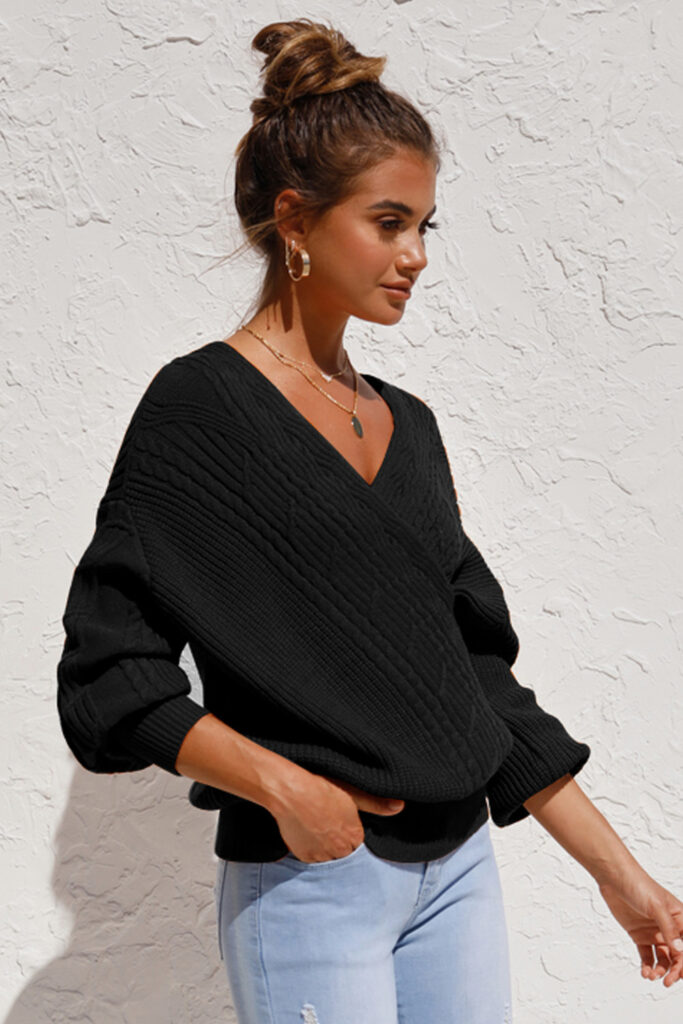 V Neck Textured Sweater Σε Μαύρο