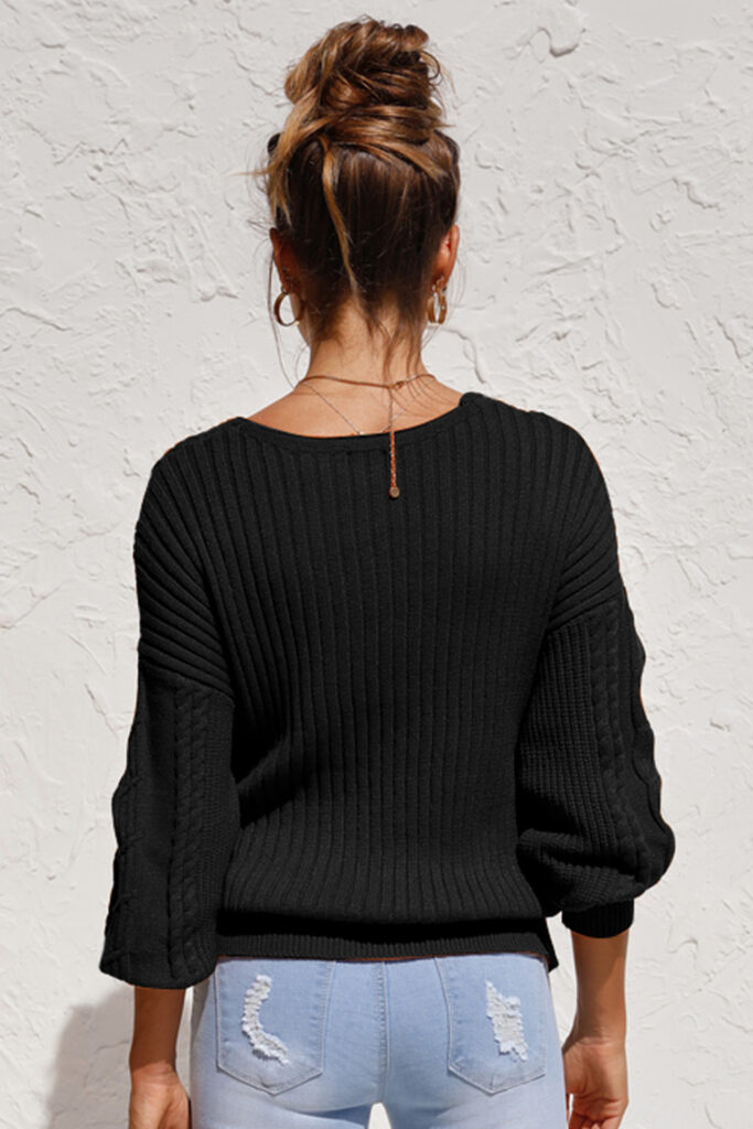 V Neck Textured Sweater Σε Μαύρο
