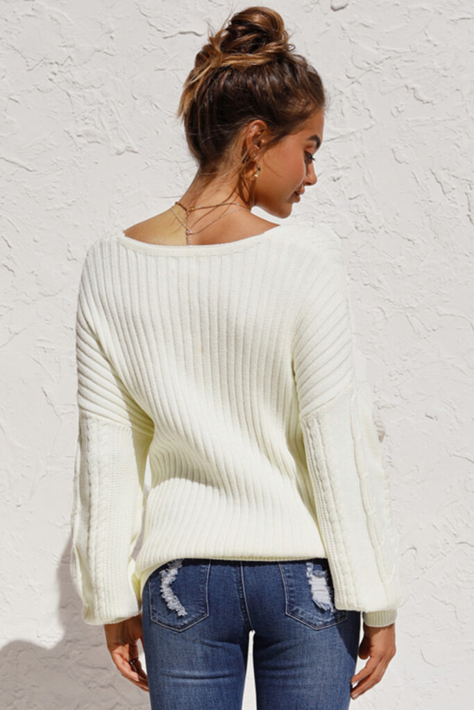 V Neck Textured Sweater Σε Λευκό