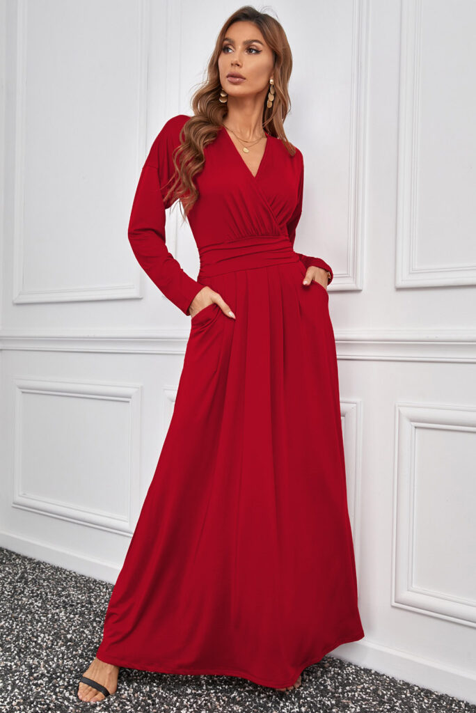 Wrap V Neck Maxi Dress in Red