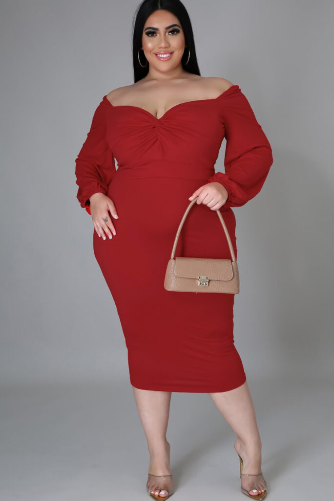 Red  Long Sleeve Front Plus Size Midi Dress
